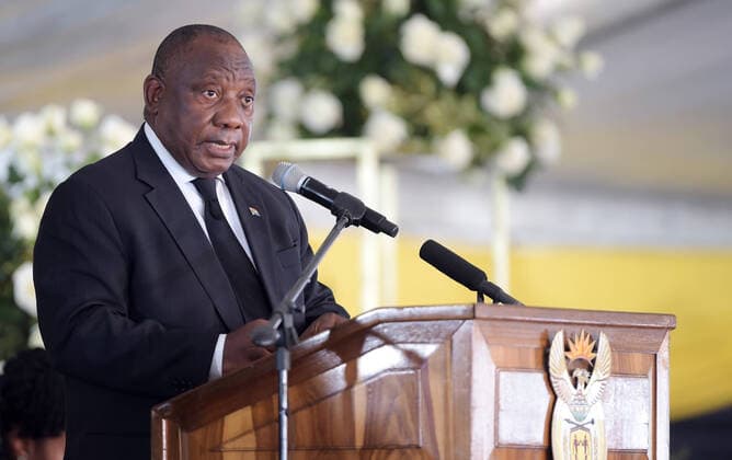 (220706) -- EAST LONDON (SOUTH AFRICA), July 6, 2022 -- South African President Cyril Ramaphosa speaks at the mass funeral for 21 young victims of last week s tavern tragedy in East London, Eastern Cape Province, South Africa, on July 6, 2022. South African President Cyril Ramaphosa on Wednesday warned citizens against under-age drinking, saying the country is losing its future generation to this scourge. (Photo by Xinhua) SOUTH AFRICA-EAST LONDON-TAVERN TRAGEDY-MASS FUNERAL XabisoxMkhabela 