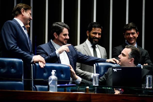 BRASÍLIA, DF - 07.07.2022: SESSÃO PLENÁRIA SENADO - This Thursday (7) the plenary session of the Federal Senate takes place. In the photo, Senators Acir Gurjacz, Rodrigo Pacheco, Davi Alcolumbree Marcos do Val. x2231345x  TonxMolina