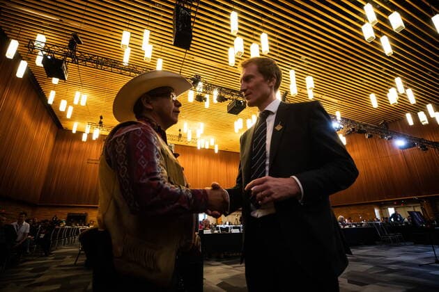 July 7, 2022, VANCOUVER, BC, CANADA: Chief Terrence Spahan, left, of the Coldwater Indian Band, speaks with Minister of Crown-Indigenous Relations Marc Miller after Miller addressed the Assembly of First Nations annual general meeting, in Vancouver, on Thursday, July 7, 2022. VANCOUVER CANADA - ZUMAc35_ 20220707_zaf_c35_061 Copyright: xDarrylxDyckx