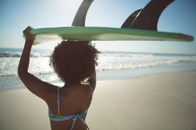 Woman carrying surfboard on her head at beach Rear view of African american woman carrying surfboard on her head at beach, model released, , property released, Cork, Ireland, 15.03.2019, 1258624.jpg, gen z, generation z, bikini, curly hair, surfer, surfboard, sports, water sports, sunny, summer, sunshine, beach, sea, nature, environment, walking, holding, carrying, looking away, travel destination, tourism, holiday, vacation, recreation, carefree, freedom, escapism, alone, solitude, calm, peaceful, weekend activity, leisure, lifestyle, african american ethnicity Young Adult,Woman,Female,Black Outdoors,Rear view,Day,Half length