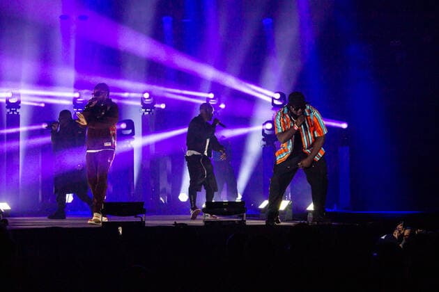 The music group Sexion d Assaut pictured on stage during the first day of the Les Ardentes music festival in Liege, Thursday 07 July 2022. The 15th edition of the festival is taking place from July 7 to July 10. The 2020 and 2021 editions of the festival had to be cancelled due to the Corona virus pandemic.  THOMASxMICHIELS 37120327