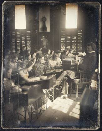 Classroom in the Emerson School for Girls ca. 1850 Southworth and Hawes American Daguerreotypy, the first photographic process, spread around the world after its inventor Louis Daguerre (1787-1851) presented it to the public in 1839. Exposed in a camera obscura and developed in mercury vapors, each highly polished silvered-copper plate is a unique photograph that exhibits extraordinary detail and three-dimensionality when viewed in proper light. While the Boston partnership of Southworth and Hawes produced the finest portrait daguerreotypes in America for a clientele that included leading political, intellectual, and artistic figures, the firm also made a limited number of exterior and interior views outside their controlled studio setting. Copyright: xpiemagsx Metbot-235157 !ACHTUNG AUFNAHMEDATUM GESCHÄTZT!