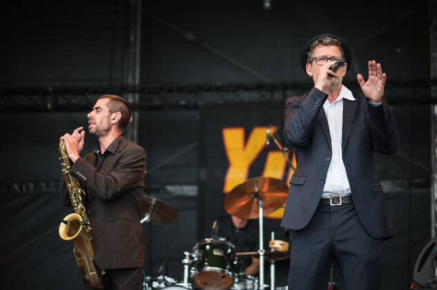 The German band Yellow umbrella performs during the Mighty Sounds music festival, which began in Tabor, Czech Republic, on July 8, 2022. (CTKxPhoto PetrxSkrivanek) CTKPhotoP2022070807879  SKR_004