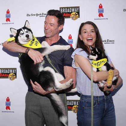 NEW YORK, NY- JULY 9: Hugh Jackman and Sutton Foster arrive at the 24th Broadway Barks pet adopt-a-thon event, held in Shubert Alley, on July 9, 2022, in New York City. Copyright: xJosephxMarzullo MediaPunchx
