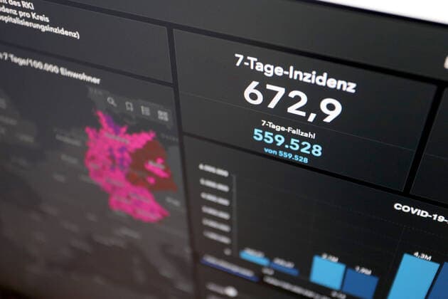RKI dashboard, 7 day incidence is now 672.9 7 day incidence, RKI dashboard on a monitor on 10 07 2022 in Siegen Germany.