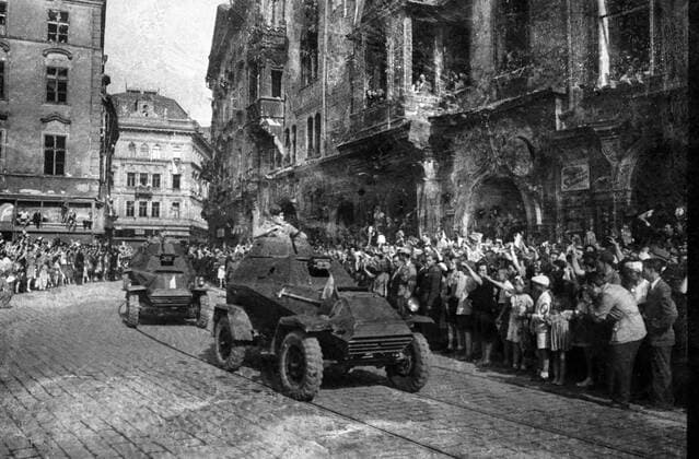 WWII PRAGUE PEOPLE WELCOME LIBERATORS 5520 10.05.1945 People of Prague welcome liberators in armored vehicles. Fedor Sputnik Prague Czechoslovakia  Copyright: xFedorx