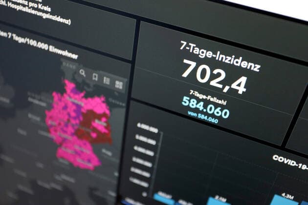 Dashboard of RKI, 7 day incidence is now 702.4 7 day incidence, dashboard of RKI on a monitor on 12 07 2022 in Siegen Germany.