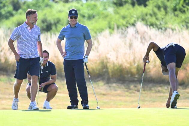 EKERUM 20220713 Prince Daniel played the Victoria golf course at Ekerum on Öland on Wednesday In the picture Peter Jihde, Stephan Rimér, the President of Victoria and Magnus Lagerlöf, CEO of Ekerum Golf, after a successful stroke EKERUM SWEDEN x62360x  Copyright: xMikaelxFritzon TTx VICTORIAGOLFEN