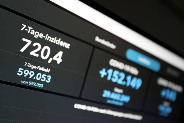 RKI dashboard, 7 day incidence is now 720.4 7 day incidence, RKI dashboard on a monitor on 14 07 2022 in Siegen Germany.