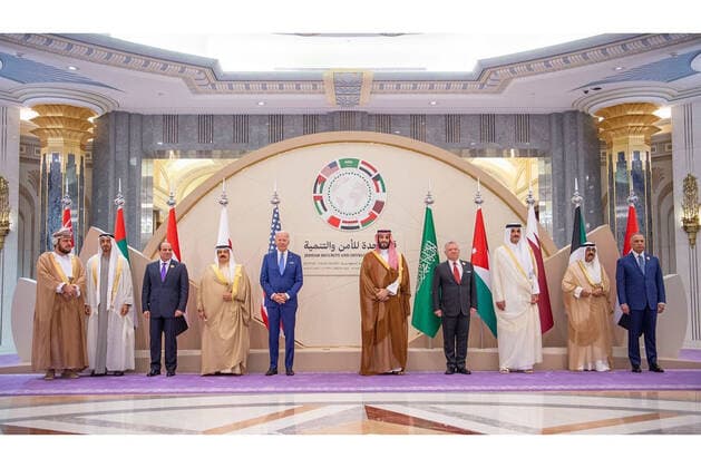 July 16, 2022, Jeddah, Jeddah, Saudi Arabia: (L to R) Asaad bin Tariq al-Said, Omani Deputy Prime Minister for International Relations and Cooperation Affairs and the Special Representative of the Sultan; UAE President Sheikh Mohamed bin Zayed al-Nahyan; Egypt s President Abdel Fattah al-Sisi; Bahrain s King Hamad bin Isa bin Salman al-Khalifa; US President Joe Biden; Saudi Crown Prince Mohammed bin Salman; Jordan s King Abdullah II; Qatar s Emir Sheikh Tamim bin Hamad al-Thani; Kuwait s Crown Prince Meshal al-Ahmad al-Jaber al-Sabah; and Iraq s Prime Minister Mustafa Kadhemi posing together for the family photo during the Jeddah Security and Development Summit (GCC+3) at a hotel in Saudi Arabia s Red Sea coastal city of Jeddah on July 16, - ZUMAap3_ 20220716_zaf_ap3_051 Copyright: xSaudixPressxAgencyx