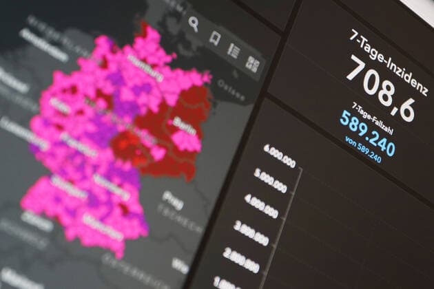 RKI dashboard, 7 day incidence is now 708.6 7 day incidence, RKI dashboard on a monitor on 18 07 2022 in Siegen Germany.