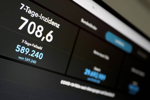 RKI dashboard, 7 day incidence is now 708.6 7 day incidence, RKI dashboard on a monitor on 18 07 2022 in Siegen Germany.