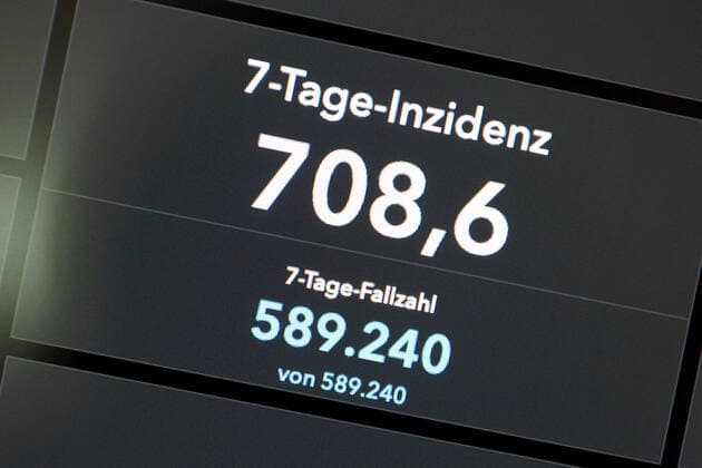 RKI dashboard, 7 day incidence is now 708.6 7 day incidence, RKI dashboard on a monitor on 18 07 2022 in Siegen Germany.
