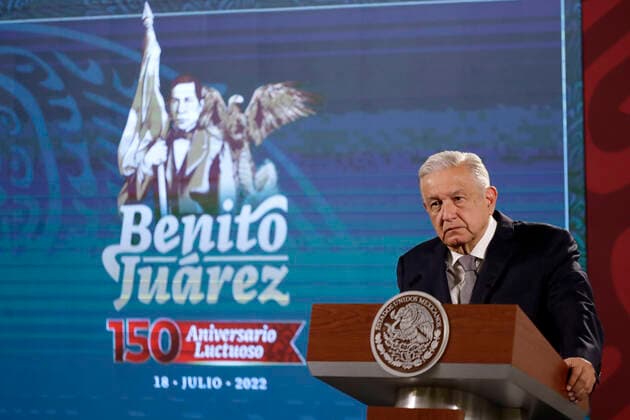 July 18, 2022, Mexico City, Mexico City, Mexico: July 18, 2022, Mexico City, Mexico: Mexican President Andres Manuel Lopez Obrador gesticulates at his daily morning press conference at the National Palace. on July 18, 2022 In Mexico City, Mexico. Mexico City Mexico - ZUMAe321 20220718_zia_e321_049 Copyright: xLuisxBarronx xEyepixxGroupx