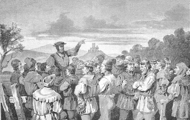 Deutscher Bauernkrieg, 1524-1526, Jos Friz redet zu den Verschworenen auf der Hartmatte. Joss Fritz (geboren um 1470, gestorben um 1525) war Initiator der Bundschuh-Bewegungen in Untergrombach, Lehen und am Oberrhein German Peasants War, 1524-1526, Jos Friz speaks to the conspirators on the Hartmatte. Joss Fritz (born around 1470, died around 1525) was the initiator of the Bundschuh movements in Untergrombach, Lehen and on the Upper Rhine, Historisch, digital restaurierte Reproduktion einer Originalvorlage aus dem 19. Jahrhundert, genaues Originaldatum nicht bekannt,