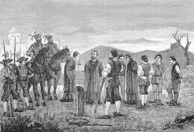 Deutscher Bauernkrieg, 1524-1526, Hinrichtung des Jakob Wehe. Hans Jakob Wehe (gestorben 5. April 1525 ) war ein Prediger und Bauernführer German Peasants War, 1524-1526, execution of Jakob Wehe. Hans Jakob Wehe (died April 5, 1525 ) was a preacher and peasant leader, Historisch, digital restaurierte Reproduktion einer Originalvorlage aus dem 19. Jahrhundert, genaues Originaldatum nicht bekannt,