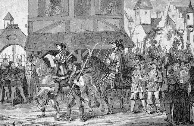 Deutscher Bauernkrieg, 1524-1526, Hans Müller mit seinen Trabanten. Hans Müller, genannt von Bulgenbach, (geboren im 15. Jahrhundert, gestorben 12. August 1525) war ein Bauernführer im Deutschen Bauernkrieg German Peasants War, 1524-1526, Hans Müller with his satellites. Hans Müller, called von Bulgenbach, (born in the 15th century, died August 12, 1525) was a peasant leader in the German Peasants War, Historisch, digital restaurierte Reproduktion einer Originalvorlage aus dem 19. Jahrhundert, genaues Originaldatum nicht bekannt,