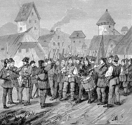 Deutscher Bauernkrieg, 1524-1526, Jäcklein Rohrbach in Flein. Jakob Rohrbach (gestorben 20. oder 21. Mai 1525) war ein Anführer der Bauern im Bauernkrieg 1525. Unter seiner Führung wurden am 16. April 1525 Burg und Stadt Weinsberg erstürmt German Peasants War, 1524-1526, Jäcklein Rohrbach in Flein. Jakob Rohrbach (died May 20 or 21, 1525) was a leader of the peasants in the Peasants War of 1525. Under his leadership, Weinsberg Castle and town were stormed on April 16, 1525, Historisch, digital restaurierte Reproduktion einer Originalvorlage aus dem 19. Jahrhundert, genaues Originaldatum nicht bekannt,