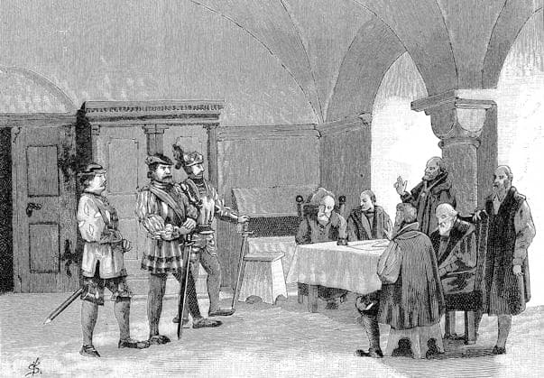 Deutscher Bauernkrieg, 1524-1526, Florian Geyer nimmt den Kitzingern den Bundeseid ab. Florian Geyer, geboren um 1490, gestorben 10. Juni 1525) war ein fränkischer Reichsritter, Truppenführer im Dienst des Markgrafen Albrecht von Brandenburg-Ansbach und Diplomat German Peasants War, 1524-1526, Florian Geyer takes the oath of covenant with the Kitzingers. Florian Geyer, born around 1490, died June 10, 1525) was a Franconian imperial knight, commander of troops in the service of Margrave Albrecht of Brandenburg-Ansbach and diplomat, Historisch, digital restaurierte Reproduktion einer Originalvorlage aus dem 19. Jahrhundert, genaues Originaldatum nicht bekannt,
