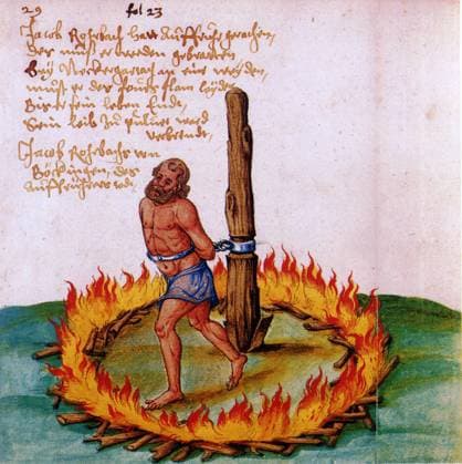Jakob (genannt Jäcklein) Rohrbach (gestorben 20. oder 21. Mai 1525) war ein Anführer der Bauern im Bauernkrieg 1525. Jäcklein Rohrbach wurde 1525 bei Neckargartach bei lebendigem Leib verbrannt, Zeichnung von Peter Harrer aus Beschreibung des Bauernkriegs von 1551 Jakob (called Jäcklein) Rohrbach (died May 20 or 21, 1525) was a leader of the peasants in the Peasants War of 1525. Jäcklein Rohrbach was burned alive at Neckargartach in 1525, drawing by Peter Harrer from Description of the Peasants War of 1551, Historisch, digital restaurierte Reproduktion einer Originalvorlage aus dem 19. Jahrhundert, genaues Originaldatum nicht bekannt,