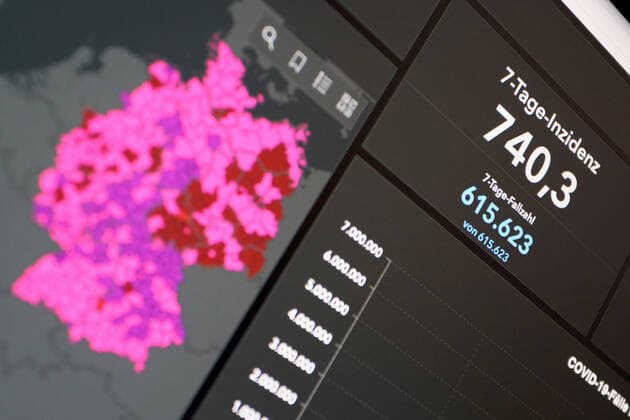 RKI dashboard, 7 day incidence is now 740.3 7 day incidence, RKI dashboard on a monitor on 21 07 2022 in Siegen Germany.
