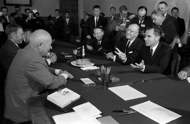 President Richard Nixon, Dr. Milton Eisenhower and U.S. Ambassador to the Soviet Union Llewellyn E. Thompson Jr., seated across table from Soviet leader Nikita Khrushchev in his office, Moscow, Soviet Union. Published July 1959 WorldxHistoryxArchive 917_05_WHA_188_0476
