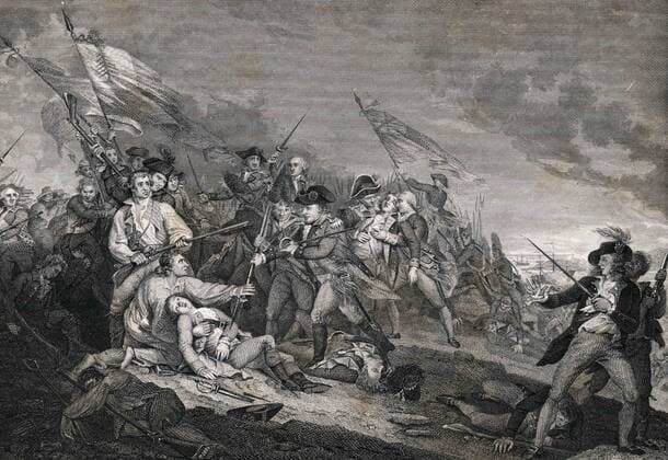 The Battle at Bunker Hill near Boston, June 17, 1775 by John Trumbull (1756-1843). Print shows British and American soldiers in hand-to-hand combat during the Battle of Bunker Hill. The Battle of Bunker Hill was fought during the Siege of Boston in the first stage of the American Revolutionary War WorldxHistoryxArchive 917_05_WHA_188_0511