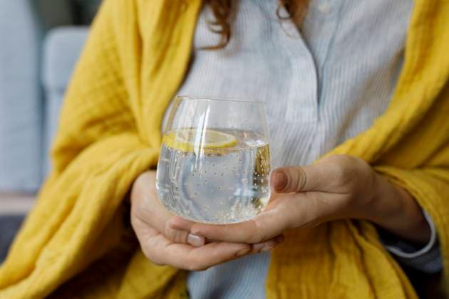 IMAGO Creative, Lifestyle, Tik Tok-Trend thatgirl Hands of woman holding sparkling water with lemon slice in glass model released, Symbolfoto property released, TYF00310