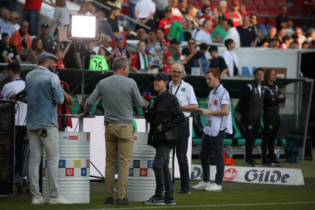 Lower Saxony, Hannover, Klaus Meine frontman of the Scorpions at the match Hannover 96 against St Pauli in the Heinz von Heiden Arena to Hannover, their song hr Rock you like a Hurricane is new entrance song at 96,