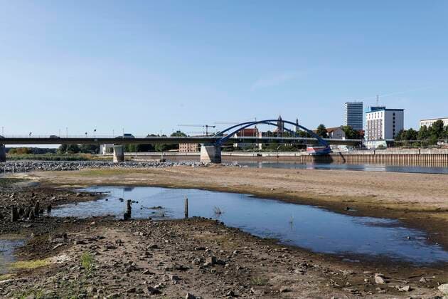 Low water on the Oder River Frankfurt Oder, 24 07 2022 View from Slubice, Poland, to the city of Frankfurt Oder in Brandenburg Low levels of the Oder River currently expose large sandbars Frankfurt Oder Brandenburg Germany