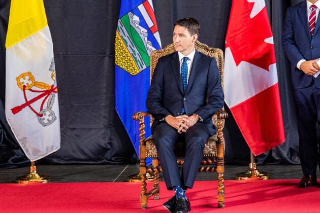 July 24, 2022, Edmonton, Alberta, Canada: Canadian Prime Minister Justin Trudeau attends the greeting ceremony on the arrival of His Holiness Pope Francis in Canada. Edmonton Canada - ZUMAs197 20220724_zaa_s197_118 Copyright: xRonxPalmerx