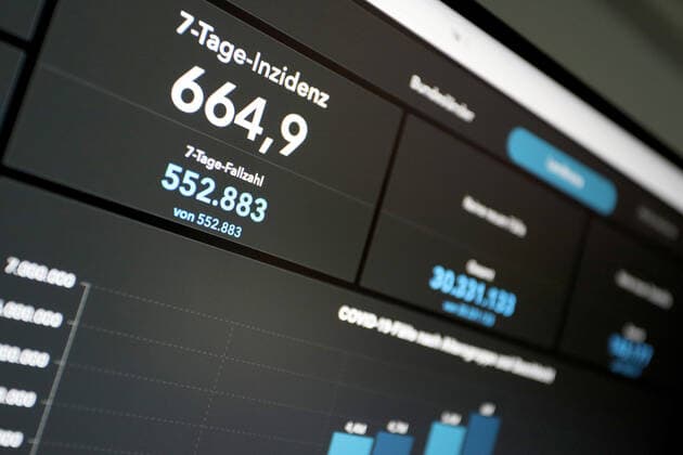 Dashboard of RKI, 7 day incidence is now 664.9 7 day incidence, dashboard of RKI on a monitor on 25 07 2022 in Siegen Germany.