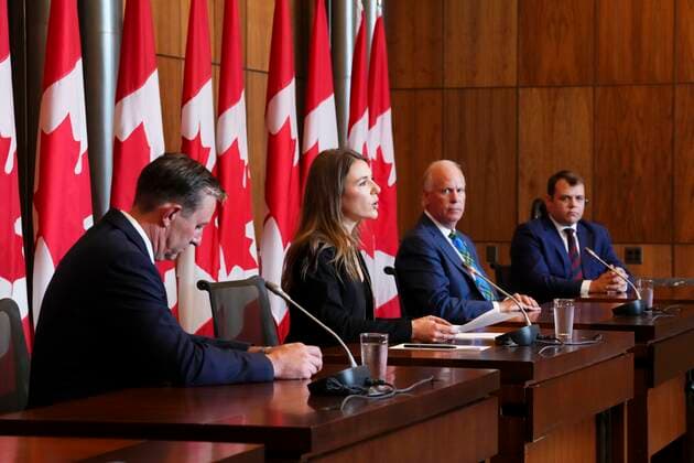 July 25, 2022, Ottawa, Ontario, CAN: Conservative member Parliament Raquel Dancho, second from right, talks as she is joined by Stephen Ellis, left to right, Rick Perkins, and Dane Lloyd as they hold a press conference in Ottawa on Monday, July 25, 2022, to discuss the upcoming hearing at the Standing Committee on Public Safety and National Security into allegations of political interference in the 2020 Nova Scotia Mass Murder Investigation. Ottawa CAN - ZUMAc35_ 20220725_zaf_c35_004 Copyright: xSeanxKilpatrickx