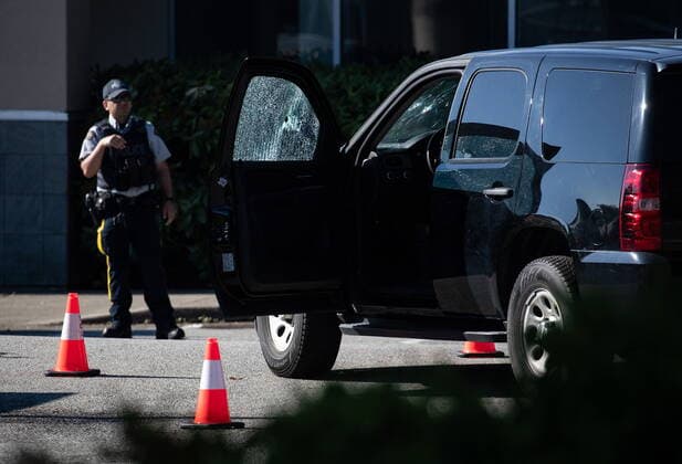 July 25, 2022, LANGLEY, BC, CANADA: Bullet holes are seen in the windshield and passenger window of an RCMP vehicle at the scene of a shooting, in Langley, B.C., on Monday, July 25, 2022. A suspect is in custody after several people were shot in the Metro Vancouver city of Langley, RCMP said. Police issued a blaring cellphone alert at about 6:20 Monday morning, saying they were at the scenes of several shootings involving transient victims. LANGLEY CANADA - ZUMAc35_ 20220725_zaf_c35_107 Copyright: xDarrylxDyckx
