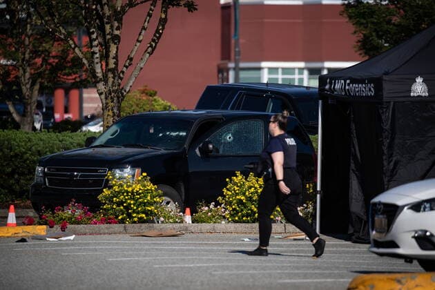 July 25, 2022, LANGLEY, BC, CANADA: Bullet holes are seen in the windshield and passenger window of an RCMP vehicle at the scene of a shooting, in Langley, B.C., on Monday, July 25, 2022. A suspect is in custody after several people were shot in the Metro Vancouver city of Langley, RCMP said. Police issued a blaring cellphone alert at about 6:20 Monday morning, saying they were at the scenes of several shootings involving transient victims. LANGLEY CANADA - ZUMAc35_ 20220725_zaf_c35_114 Copyright: xDarrylxDyckx