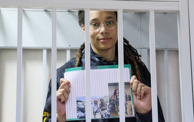 KHIMKI, MOSCOW REGION, RUSSIA â€“ JULY 26, 2022: US Olympic champion basketball player Brittney Griner accused of drug smuggling is seen before being questioned at the Khimki City Court. Griner has been put under arrest until December 20 for trying to smuggle cannabis oil through Sheremetyevo Airport. Gavriil Grigorov TASS  TS13BAA6