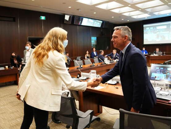 July 26, 2022, Ottawa, Ontario, CAN: Witnesses Michel Ruest, Senior Director, Programs, Sport Canada Branch of Canadian Heritage shakes hands with Pascale St-Onge, Minister of Sport, as they appear at the standing committee on Canadian Heritage in Ottawa on Tuesday, July 26, 2022, looking into Hockey Canada s involvement in alleged sexual assaults committed in 2018. Ottawa CAN - ZUMAc35_ 20220726_zaf_c35_034 Copyright: xSeanxKilpatrickx