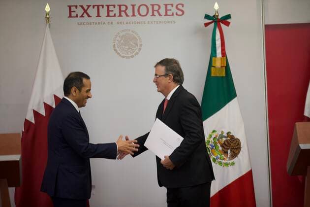 July 26, 2022, Mexico City, Mexico City, Mexico: July, 26, 2022, Mexico City, Mexico: Mexicoâ€⠢s Foreign Affairs Minister Marcelo Ebrard and Qatar Deputy Prime Minister and Minister of Foreign Affairs Mohammed bin Abdulrahman bin Jassim Al Thani, during the signing of bilateral agreement between both nations Mexico-Qatar. on July 26, 2022 in Mexico City, Mexico. Mexico City Mexico - ZUMAe321 20220726_zia_e321_031 Copyright: xJulianxLopezx xEyepixxGroupx