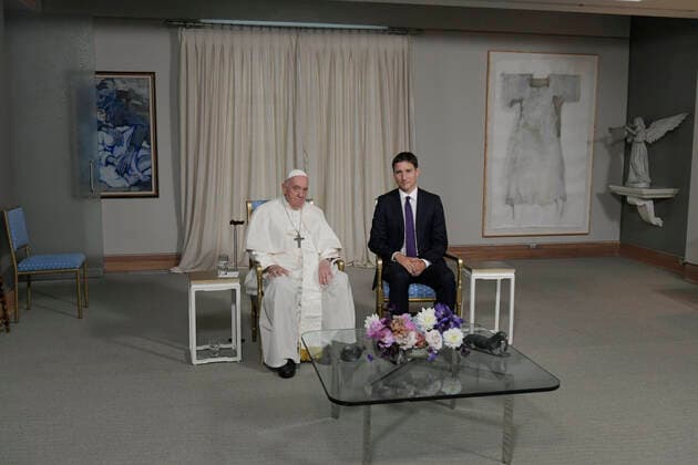 Canada, Quebec City,2022 07 27 Pope Francis meets with Canadian Prime Minister Justin Trudeau at the Citadelle de Quebec in Quebec City, Quebec, Canada Photograph by Vatican Mediia Catholic Press Photo . RESTRICTED TO EDITORIAL USE - NO MARKETING - NO ADVERTISING CAMPAIGNS.  Copyright: xVATICANxMEDIAx xipa-agency.netx xVaticanxMediax