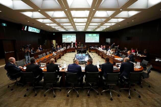 July 27, 2022, Ottawa, Ontario, CAN: Witnesses Scott Smith, Hockey Canada President and Chief Operating Officer, middle right, and Hockey Canada Chief Financial Officer Brian Cairo, middle left, join fellow witnesses as they appear at the standing committee on Canadian Heritage in Ottawa on Wednesday, July 27, 2022, looking into how Hockey Canada handled allegations of sexual assault and a subsequent lawsuit. Ottawa CAN - ZUMAc35_ 20220727_zaf_c35_063 Copyright: xSeanxKilpatrickx