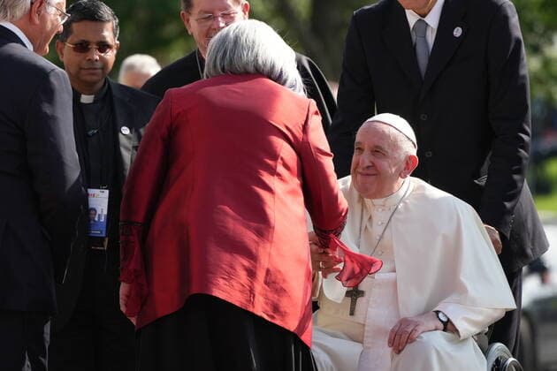 July 27, 2022, Quebec City, PQ, CANADA: Pope Francis is greeted by Gov. Gen. Mary Simon as he arrives at the Citadelle during his papal visit across Canada in Quebec City on Wednesday, July 27, 2022. Quebec City CANADA  - ZUMAc35_ 20220727_zaf_c35_108 Copyright: xNathanxDenettex