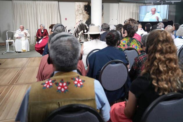 July 27, 2022, Quebec City, PQ, CANADA: Pope Francis apologizes and asks for forgiveness at a reconciliation event at the Citadelle during his papal visit across Canada in Quebec City on Wednesday, July 27, 2022. Quebec City CANADA  - ZUMAc35_ 20220727_zaf_c35_118 Copyright: xNathanxDenettex