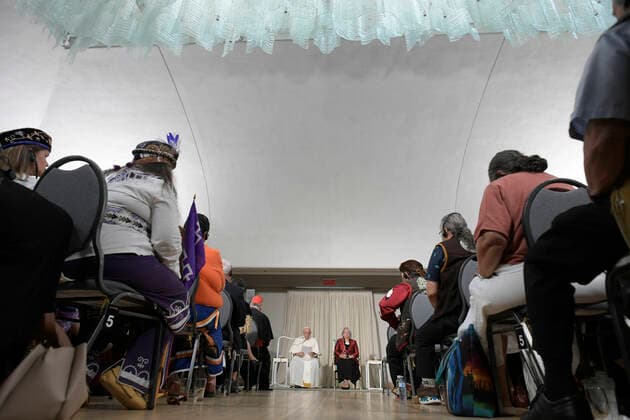 Canada, Quebec City,2022 07 27 P(L-R) Pope Francis (L) and Governor General of Canada Mary Simon (C) listen as Canadian Prime Minister Justin Trudeau speaks during a meeting with civil authorities, representatives of Indigenous peoples, and members of the diplomatic corps at the Citadelle de QuÃ bec in Quebec City, Quebec, CanadaPhotograph by Vatican Mediia Catholic Press Photo . RESTRICTED TO EDITORIAL USE - NO MARKETING - NO ADVERTISING CAMPAIGNS.  Copyright: xVATICANxMEDIAx xipa-agency.netx xVaticanxMediax