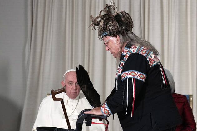 July 27, 2022, Quebec City, PQ, CANADA: Pope Francis is greeted by Raymond Gros-Louis of the Huron-Wendat Nation, right, at a reconciliation ceremony at the Citadelle during his papal visit across Canada in Quebec City on Wednesday, July 27, 2022. Quebec City CANADA  - ZUMAc35_ 20220727_zaf_c35_172 Copyright: xNathanxDenettex