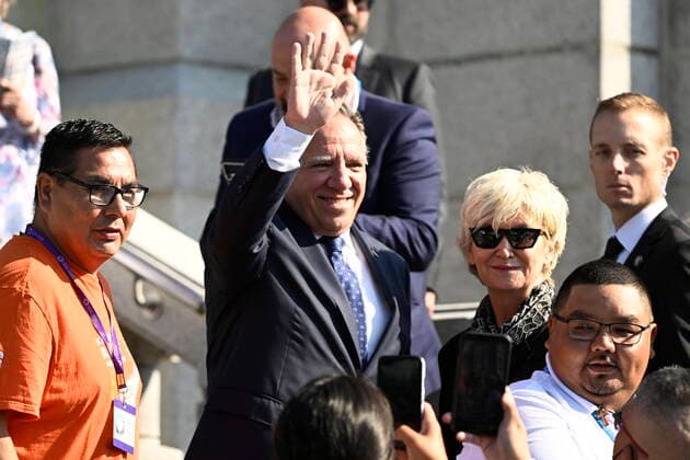 July 28, 2022, Ste-Anne-de-BeauproÂ, QC, CANADA: Quebec Premier Francois Legault arrives with his wife, Isabelle Brais for a mass with Pope Francis at the Basilica of Sainte-Anne-de-Beaupro in Ste-Anne-de-Beaupro , Que., Thursday, July 28, 2022. Ste-Anne-de-BeauprÃ CANADA  - ZUMAc35_ 20220728_zaf_c35_002 Copyright: xBernardxBraultx
