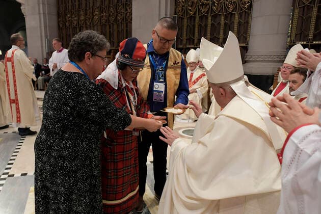 Canada, Quebec City,2022 07 27 Pope Francis leads a mass at the National Shrine of Sainte-Anne-de-Beaupre, 30 kilometers from Quebec City, Canada, Photograph by Vatican Mediia Catholic Press Photos . RESTRICTED TO EDITORIAL USE - NO MARKETING - NO ADVERTISING CAMPAIGNS.  Copyright: xVATICANxMEDIAx xipa-agency.netx xVaticanxMediax