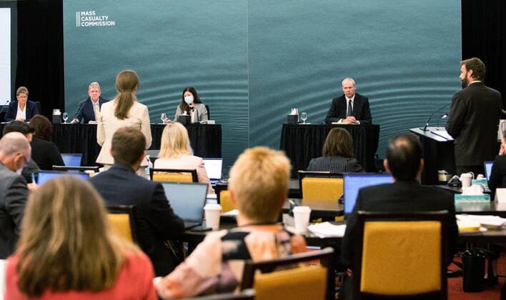 July 28, 2022, Halifax, NS, Canada: RCMP Chief Supt. Chris Leather appears for the second day at the Mass Casualty Commission inquiry into the mass murders in rural Nova Scotia on April 18 19, 2020, in Halifax on Thursday, July 28, 2022. Gabriel Wortman, dressed as an RCMP officer and driving a replica police cruiser, murdered 22 people. Halifax Canada - ZUMAc35_ 20220728_zaf_c35_039 Copyright: xKellyxClarkx