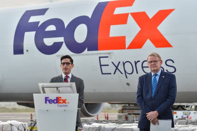 July 28, 2022, Toluca, Mexico City, Mexico: July 28, 2022, Toluca, Mexico : Roberto Velasco oÂlvarez, head of the North American Unit of the SRE and Graeme Clark, Canadian Ambassador to Mexico , during the arrival of three million Covid-19 vaccines from Pfizer at Toluca International Airport (AIT), which were donated by the Canadian government. on July 28, 2022 in Toluca, Mexico. Toluca Mexico - ZUMAe321 20220728_zia_e321_013 Copyright: xArturoxHernandez xEyepixxGroupx