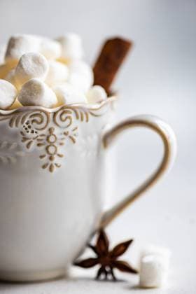 Cup of hot chocolate and mini marshmallow with cinnamon stock and anise star on white concrete background AnnaBogush_CocoaAndMarshmallow_3.jpg Copyright: xAnnaxBogushx Model Released