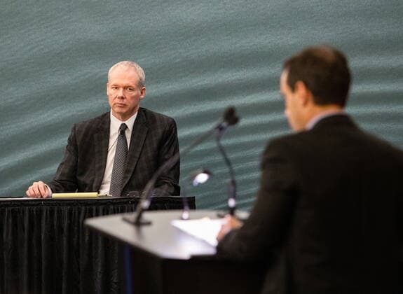 July 28, 2022, Halifax, NS, Canada: RCMP Chief Supt. Chris Leather is questioned by lawyer Josh Bryson at the Mass Casualty Commission inquiry into the mass murders in rural Nova Scotia on April 18 19, 2020, in Halifax on Thursday, July 28, 2022. Gabriel Wortman, dressed as an RCMP officer and driving a replica police cruiser, murdered 22 people. Halifax Canada - ZUMAc35_ 20220728_zaf_c35_041 Copyright: xKellyxClarkx